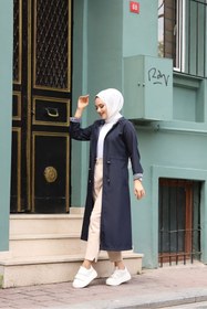 Resim Marjinal City Lacivert İçi Çizgili Ve Kapüşonlu Su Geçirmez Kadın Trençkot 