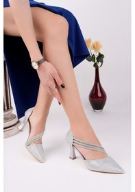 Resim Bulutmod Ba04412 Gümüş Simli Kadın Üç Taşlı Yanı Açık 8 Cm Topuklu Ayakkabı Gümüş Simli 