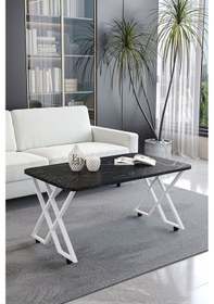 Resim Milano Tekerlekli Orta Sehpa Beyaz Metal - Siyah Mermer Tabla 