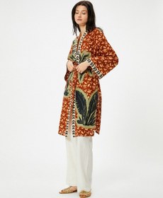 Resim Koton Uzun Kimono Beli Kuşaklı Desenli Kahverengi Desenli 4sak50017ew Kahverengi 