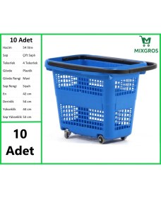 Resim Tekerlekli Plastik Market Alışveriş El Sepeti 54 Litre Mavi 10 Adet 