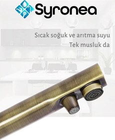 Resim Antik Renk Arıtma Çıkışlı Mutfak Eviye Bataryası 3 Yollu Sıcak Soğuk Ve Arıtma Girişli Musluk Antik 