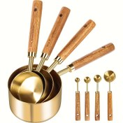 Resim 8 adet JoolKos Paslanmaz Çelik Ölçü Kavanozları ve Kaşık Seti, Akasya Ahşap Saplı, Kuru ve Sıvı Malzemeler için, Pişirme Araçları DIY, Baharat Kaşığı 