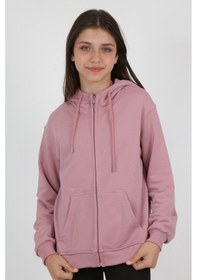Resim Toontoy Kız Çocuk Füme Kapüşonlu Fermuarlı Cepli Düşük Omuz Nakış Baskılı Örme Hırka - 3 İplik Şardonsuz Gül Kurusu 