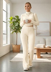 Resim bnchic Kadın Ekru Çizgili Boğazlı Crop Top ve Yüksek Bel Eşofman Takımı Spor Şık Kombin 