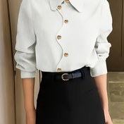 Resim Şık Kadın Sarı Polyester Düğmeli Gömlek - Asimetrik Etekli, Şık Yaka, Dokuma Kumaş, Tüm Mevsimler İçin Mükemmel 
