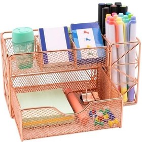 Resim Temel Rose Gold Metal Mesh Masaüstü Organizer Çekmeceli Çok Bölmeli 21.8x11.5x11 Cm 9510 