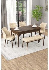 Resim Arel Barok Desen 80x132 Açılabilir Mdf Masa Yemek Odası Takımı, Mutfak Takımı 4 Sandalye, 1 Bench Barok Masa - 4+1 Krem - Ceviz Ayak 