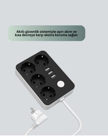 Resim Lisinya 3 USB Çıkışlı 4 lü Akıllı Priz 2500W 2 Metre Kablo - 