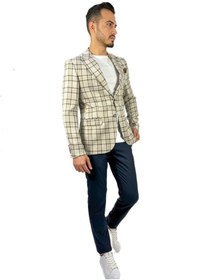 Resim AGUSTİNİ Ekru Renk Ekose Blazer Tek Ceket Sivri Yaka Regular Fit | Agustini 