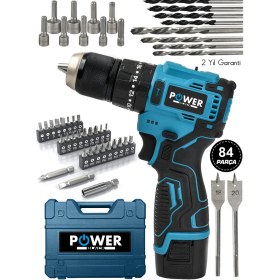 Resim Power Black Power Black 12V 1.5AH Metal Şanzıman 13MM Çelik Mandrenli Kömürsüz Matkap Akülü Vidalama 84 Parça 