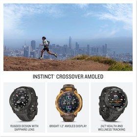 Resim Garmin Instinct Crossover AMOLED, Analog Saat Eller ve Parlak AMOLED Ekranlı Sağlam Hibrit GPS Akıllı Saat, Kakao Silikon Bantlı Bronz/Sunburst 