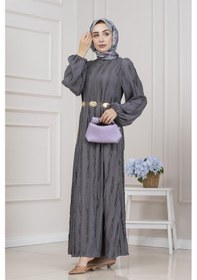 Resim Sevitli Fırfır Detaylı Rüya Elbise-gri-5470 Gri 