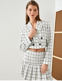 Resim Koton Crop Blazer Ceket Kruvaze Kapama Düğmeli Ekru Ekose 4sak50058uw Ekru 