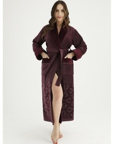 Resim Uzun Şalyaka Jakarlı Pamuk Bayan Bornozu Mürdüm 