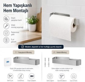 Resim Alper Banyo Paslanmaz Lamalı Çelik Kağıt Havluluk, Krom Renk Mutfak Kağıt Havlu Askısı, Hem Yapışkanlı Hem Vidalı Montajlı, Duvar Tipi Metal Havluluk, 5 Yıl Garantili 