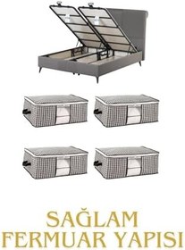 Resim Pencereli Yatak Baza Altı Düzenleyici Hurç Tela Sağlam Fermuar Yapısı (4lü Paket) (64x45x22) 