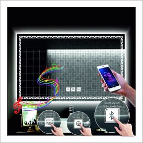 Resim Dnr-Mirror80x120 Cm Beyaz Ledli Tasarım Kumlamalı Dokunmatik Bluetoothlu Buğu Önleyicili Makyaj Banyo Aynası 