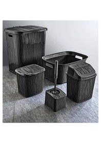 Resim Dalgalı 5 Parça Banyo Seti Kirli Çamaşır Sepeti Deterjanlık Çöp Kovası Temiz Çamaşır Sepeti Çeyizlik Siyah Siyah 