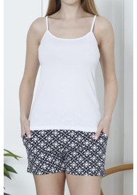 Resim Nicoletta Kadın Şortlu Pijama Takımı İp Askılı Pamuklu Likralı Cepli Beyaz Nıc1073 R01 Beyaz 