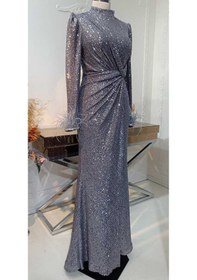 Resim Raika Moda Parıltılı Büyük Beden Hüma Tesettür Abiye Gümüş 