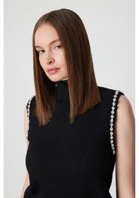Resim On Fashion Omuzları Taşlı Boğazlı Kadın Siyah Kazak 63382 Siyah 