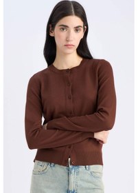 Resim DeFacto Regular Fit Bisiklet Yaka Basic Düz Triko Hırka D6282AX25SPBN311 Kahve 