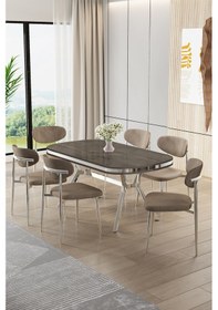 Resim Canisa Olya Serisi 90x168 Lak Panel Antrasit İroni Masa Takımı Krom Ayaklı 6 Cappucino Sandalye Antrasit İroni Masa Cappucino Sandalye 