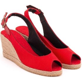 Resim Star Tombis Gerçek Elişi Burnu Açık Arkası Bantlı Dolgu Topuk Kırmızı Keten Hasır Espadril Handmade Kırmızı 