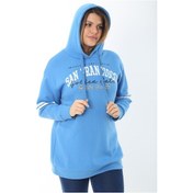Resim Kadın Büyük Beden Mavi İçi Şardonlu Üç İplik Kapşonlu Sweatshirt 65n37464-mavi Mavi 