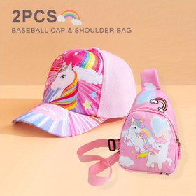 Resim 2 Parçalı Kız Çocuk Tek Boynuzlu At Beyzbol Şapkası ve Tek Boynuzlu At Çantası Seti, Okula Dönüşte Günlük Moda Eşleştirmeye Uygun, Okula Dönüş Sezonu için Hediye Olarak Uygun 
