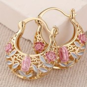 Resim Vintage Boho 14K Altın Kaplama Bakır Halka Küpeklere Pembe Çiçek Detayları ile - Çok Yönlü Günlük Kullanım, İdeal Noel Hediyesi, Tüm Mevsimler için Takı 