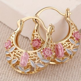 Resim Vintage Boho 14K Altın Kaplama Bakır Halka Küpeklere Pembe Çiçek Detayları ile - Çok Yönlü Günlük Kullanım, İdeal Noel Hediyesi, Tüm Mevsimler için Takı 