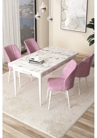 Resim Canisa Concept Arp Serisi, 71x110 Sabit Mutfak Masa Takımı,beyaz Mermer Desen Masa 4 Pembe Sandalye Masa Barok Ahşap Desen Sandalye Pembe 