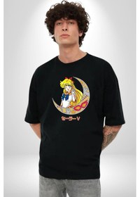 Resim Sailor Moon Ay Savaşcısı Anime Pamuklu Bisiklet Yaka Unisex Oversize Boyfriend Dijital Baskılı Siyah T-shirt Siyah 
