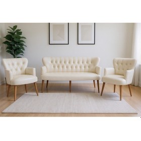 Resim Azra Mobilya Krem Deri Chester Tarz Koltuk Takımı Modern Tasarım, Dayanıklı Ahşap Ayaklı Oturma Grubu 3+1+1 Krem 