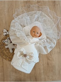 Resim Tomuycuk Ekru Kız Erkek Bebek Battaniyesi %100 Pamuklu Mevlütlük Kundak Dantelli Örtü Hediyelik Mevsimlik 