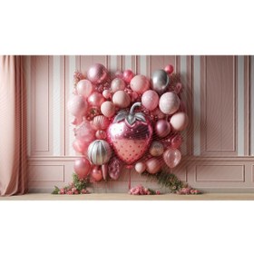 Resim Venspor Pembe ve Gümüş Balonlarla Bezenmiş Çilek Temalı Parti Arkaplanı, 200x150cm, Fon, Duvar Örtüsü 