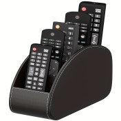 Resim 1 adet Siyah Suni Deri Uzaktan Kumanda Tutucu, 5 Bölme ile - TV, DVD, Blu-Ray, Medya Oynatıcı, Isıtıcı Kontrol Cihazları, Tatil Dekor Depolama, Kompakt Tasarım, Güvenli Kayışlar, Hafif PVC, Uzaktan Kumanda Depolama | Şık Siyah Düzenleyici | PVC Malzeme, Uzaktan Kumanda Tutucu, Masa ve Çekmeceler için Ev Depolama Düzenleyici 