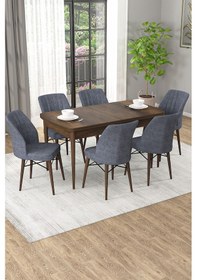 Resim Arel Barok Desen 80x132 Açılabilir Mdf Masa Yemek Odası Takımı, Mutfak Takımı 6 Adet Sandalye Barok Masa - 6 Füme - Ceviz Ayak 