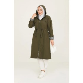 Resim Azmmoda Bondit Kumaş Içi Çizgili Kapüşonlu Astarsız Uzun Yağmurluk 