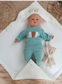 Resim Yenidoğan Kulaklı Şapkalı Düğme Detaylı Fiyonklu Bebek Battaniyesi Kundak Krem Çok Renkli 