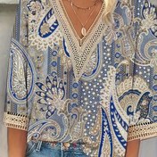Resim Guipure Dantel Paisley Baskılı Üst, Vintage V-Yaka 3/4 Kol Üstü Bahar & Sonbahar İçin, Kadın Giyim 
