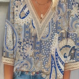 Resim Guipure Dantel Paisley Baskılı Üst, Vintage V-Yaka 3/4 Kol Üstü Bahar & Sonbahar İçin, Kadın Giyim 