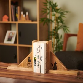 Resim Tahta Dekor Kedi Temalı Kitap Desteği - 22x22x7 cm 