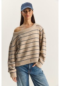 Resim Shade Kadın Bardot Yaka Çizgili Oversize Triko Kazak 2570 60283876 - Bej-lacivert Çok renkli 