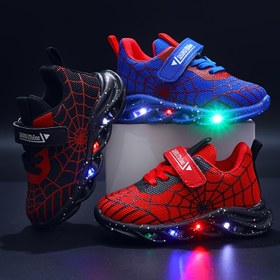 Resim 1-6 Yaş Erkek ve Kız Çocuklar için MGO LED Işıklı Örümcek Desenli Spor Ayakkabı - Çizgili Tabanlı, Nefes Alabilir Her Mevsim Giyilebilir, Genç Tarzı Dayanıklı PVC Tabanlı Sneaker 