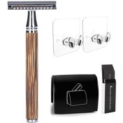 Resim Geeksen Razor 1 Set Çift Kenarlı Güvenlik Jileti Bambu Doğal Ahşap Saplı Tıraş Gümüş 