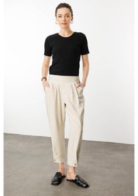 Resim Kadın Geniş Kemerli Paçası Düğmeli Keten Pantolon Taş Taş 