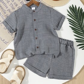 Resim Erkek Çocuklar için Yaz 2 Parça Seti, Rahat Düz Renk Polyester %100 Dokuma Kumaş, Stand Yaka Ceket ve Cufflu Şort, Düğme Detaylı - Esnek Olmayan, Dış Mekan İçin 